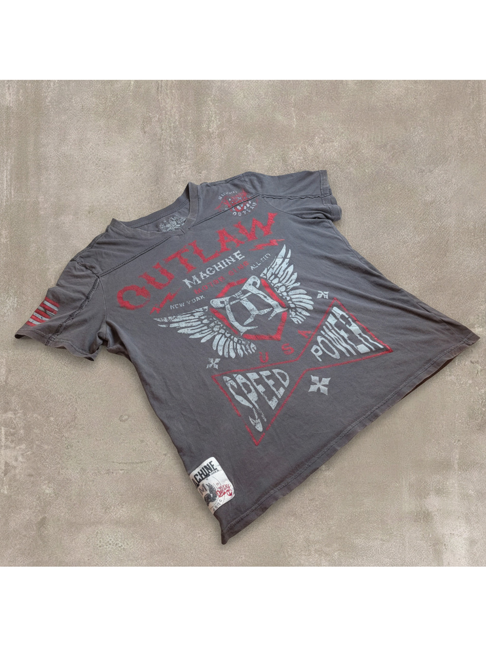Machine Mens XXL Grey Graphic T-Shirt Affliction Style Biker Y2K V-Neck Tee